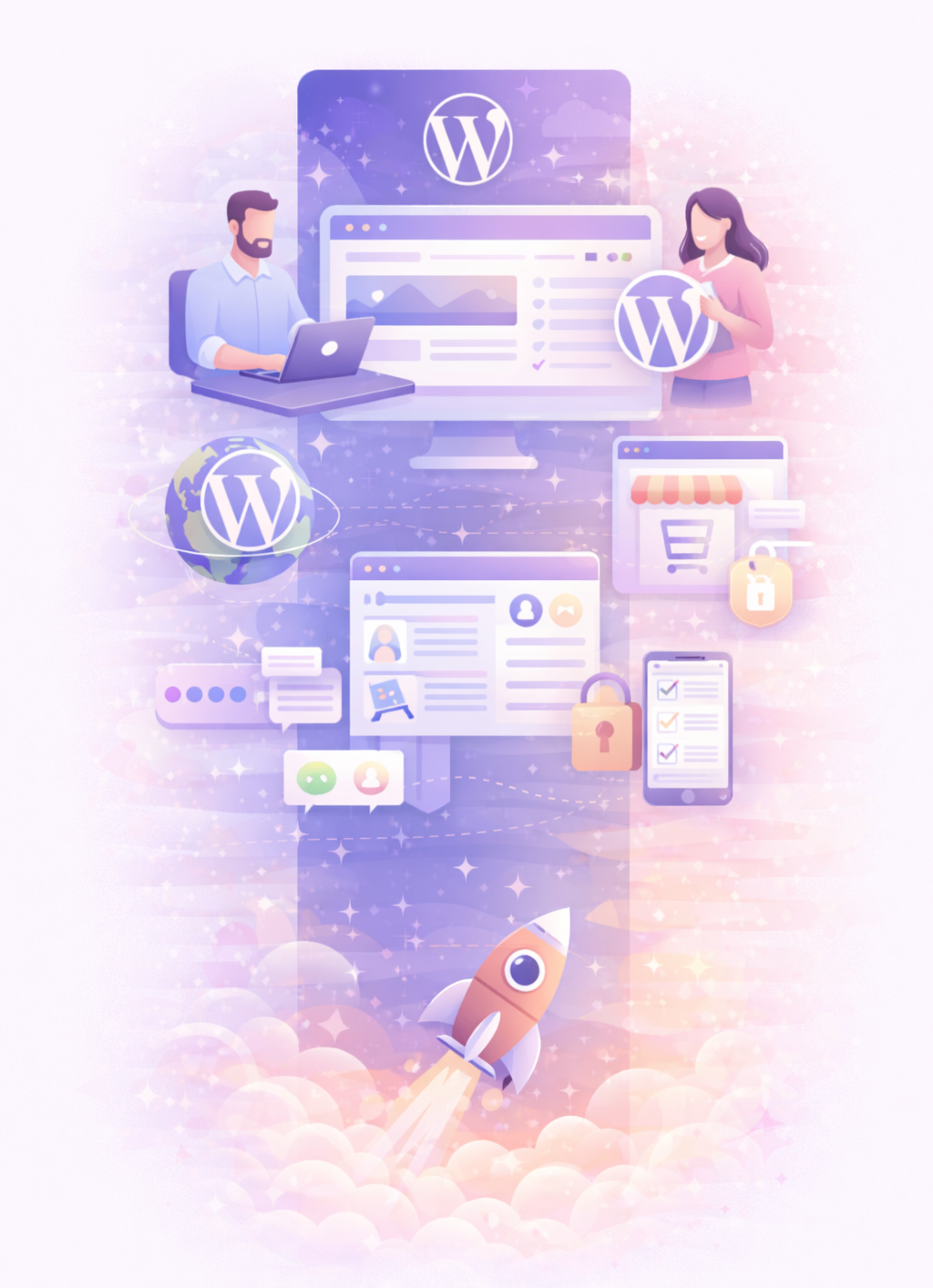 Illustrasjon som viser WordPress som plattform for SEO, innhold og vekst