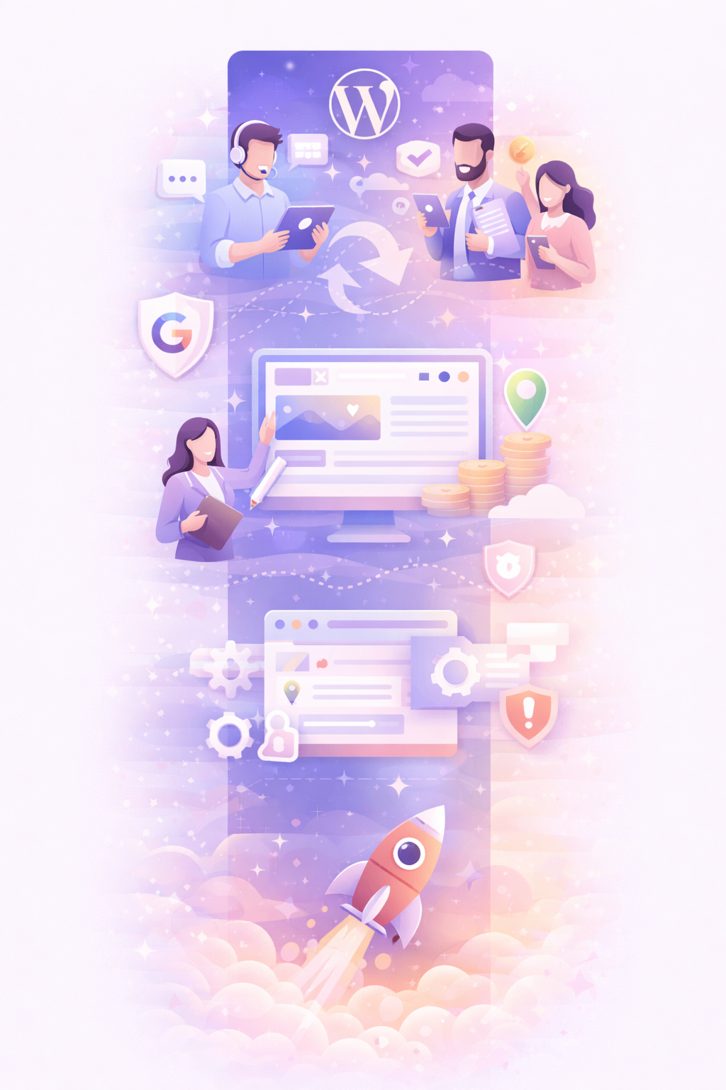 Illustrasjon som viser at WordPress passer for bedrifter som vil ha synlighet og vekst