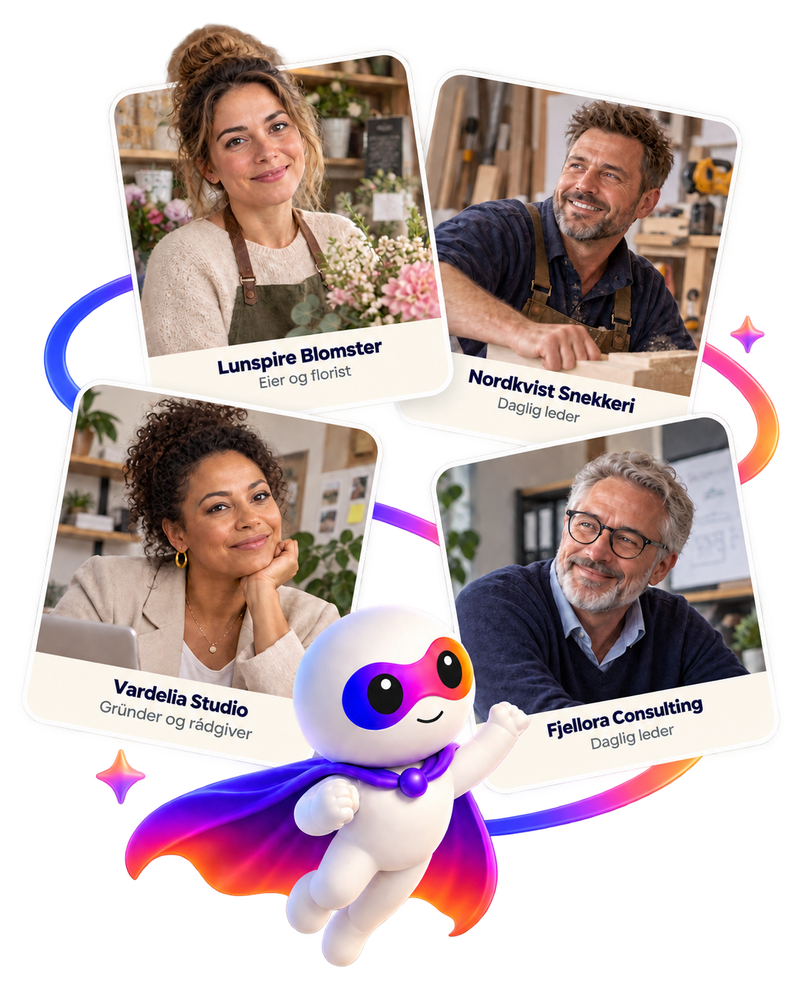 Illustrasjon av fire bedriftseiere i arbeid, en florist, en snekker, en rådgiver og en konsulent, med HjemmesideHeltens maskot som flyr foran
